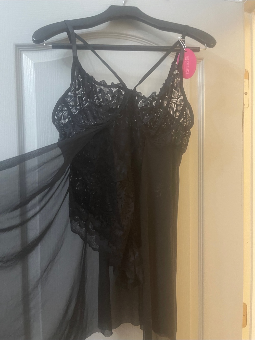 Lace Trim Black Sheer Chemise with Crisscross Straps